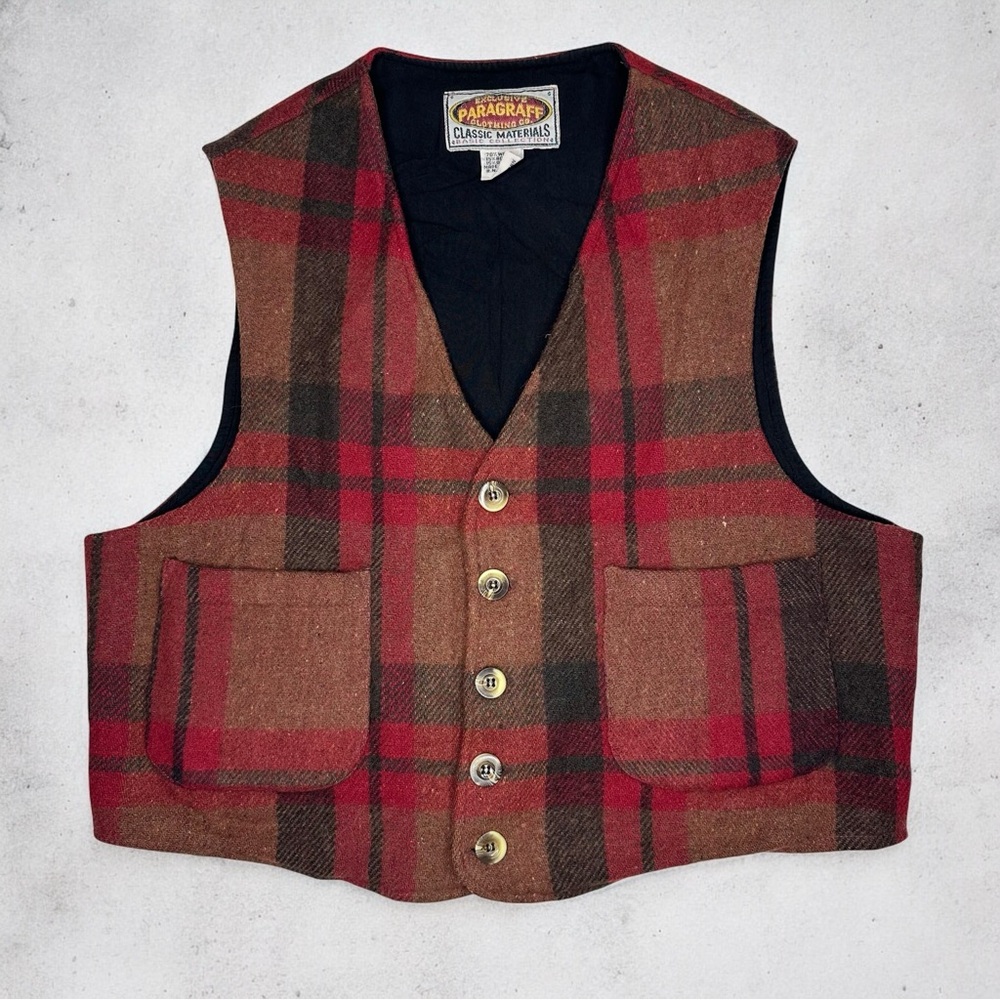 Vintage Men's Plaid Wool Vest - Red and Brown